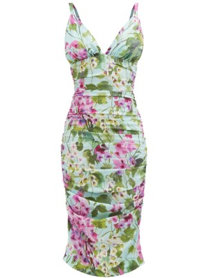 DOLCE & GABBANA Bluebell-print ruched silk-blend charmeuse dress ~ green sleeveless plunge front form fitting dresses ~ beautiful Italian fashion ~ vintage style glamour - flipped