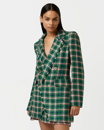 RIVER ISLAND GREEN CHECKED BOUCLE DOUBLE BREASTED BLAZER ~ on-trend tweed style jackets ~ womens fashionable textured check print blazers - flipped