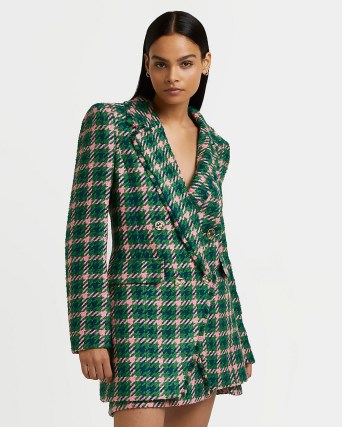 RIVER ISLAND GREEN CHECKED BOUCLE DOUBLE BREASTED BLAZER ~ on-trend tweed style jackets ~ womens fashionable textured check print blazers