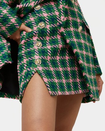 RIVER ISLAND GREEN CHECKED BOUCLE MINI SKIRT ~ checked tweed style split hem skirts - flipped