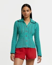River Island GREEN CROCHET TIPPED COLLAR CARDIGAN – womens collared cable knit cardigans