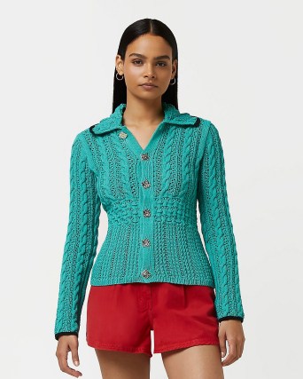 River Island GREEN CROCHET TIPPED COLLAR CARDIGAN – womens collared cable knit cardigans - flipped
