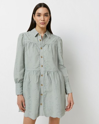 River Island GREEN DENIM EMBROIDERED SHIRT DRESS – women’s front button up collared dresses - flipped