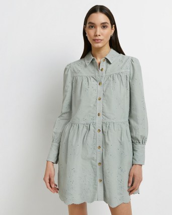 River Island GREEN DENIM EMBROIDERED SHIRT DRESS – women’s front button up collared dresses