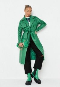MISSGUIDED green faux leather trench coat – womens fashionable belted tie waist coats