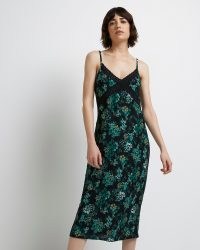 River Island GREEN FLORAL MIDI SLIP DRESS | cami strap lace detail dresses