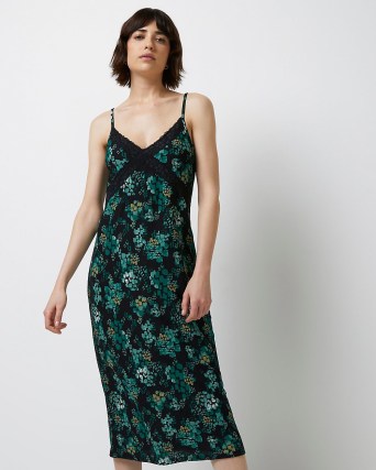 River Island GREEN FLORAL MIDI SLIP DRESS | cami strap lace detail dresses - flipped