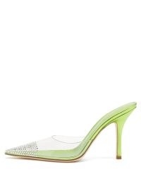 PARIS TEXAS Holly crystal-embellished PVC mules – green leather clear vamp pointed toe stiletto heels – high heel shoes with crystals