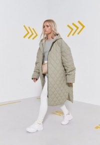 MISSGUIDED green hooded longline diamond quilted coat ~ women’s light green relaxed fit on-trend coats