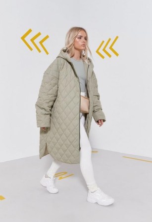 MISSGUIDED green hooded longline diamond quilted coat ~ women’s light green relaxed fit on-trend coats - flipped