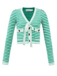 SELF-PORTRAIT Patch-pocket ribbed cotton-blend cardigan ~ ladylike green striped cardigans