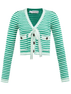 SELF-PORTRAIT Patch-pocket ribbed cotton-blend cardigan ~ ladylike green striped cardigans - flipped