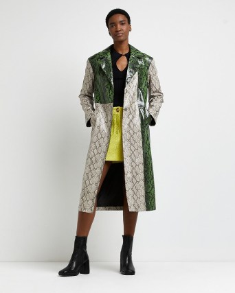 RIVER ISLAND GREEN SNAKE PRINT FAUX LEATHER COAT ~ women’s shiny colour block coats