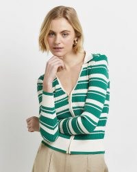 RIVER ISLAND GREEN STRIPED ZIP UP CARDIGAN ~ women’s fashionable retro style cardigans ~ 70s vintage look knitwear