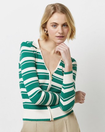 RIVER ISLAND GREEN STRIPED ZIP UP CARDIGAN ~ women’s fashionable retro style cardigans ~ 70s vintage look knitwear - flipped