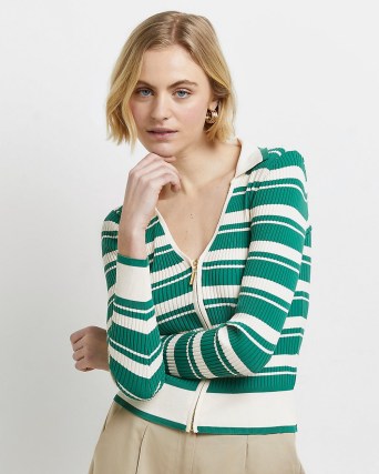 RIVER ISLAND GREEN STRIPED ZIP UP CARDIGAN ~ women’s fashionable retro style cardigans ~ 70s vintage look knitwear