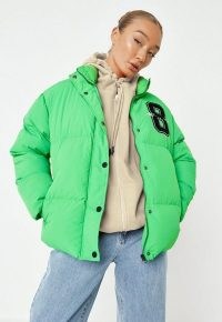 MISSGUIDED green varsity puffer jacket – womens fashionable padded jackets – women’s bright trendy outerwear