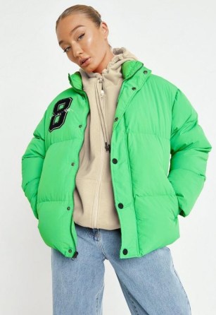 MISSGUIDED green varsity puffer jacket – womens fashionable padded jackets – women’s bright trendy outerwear - flipped