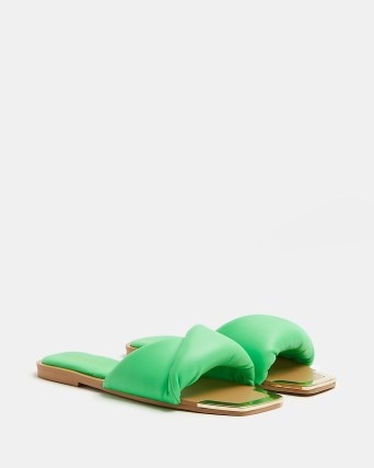 River Island GREEN WIDE FIT PADDED FLAT SLIP ON SANDALS – women’s square toe slides - flipped