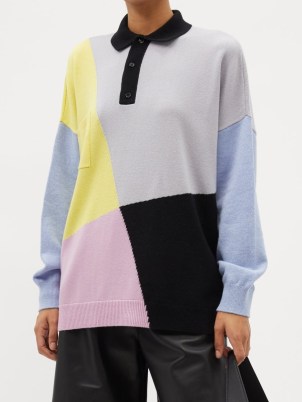LOEWE Colour-block wool-blend polo sweater / colourblock collared sweaters / women’s designer knitwear / womens knitted relaxed fit drop shoulder pullover - flipped