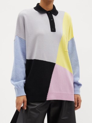 LOEWE Colour-block wool-blend polo sweater / colourblock collared sweaters / women’s designer knitwear / womens knitted relaxed fit drop shoulder pullover