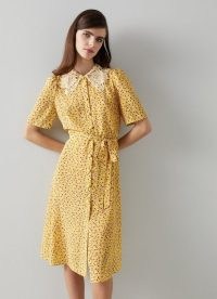 L.K. Bennett HASKELL YELLOW DAISY PRINT LACE COLLAR SILK SHIRT DRESS | short sleeved tie waist floral print dresses | retro fashion | women’s vintage style clothing
