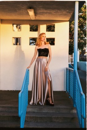 NASTY GAL High Waisted Maxi Satin Evening Skirt ~ champagne split hem occasion skirts ~ fluid fabric party fashion - flipped
