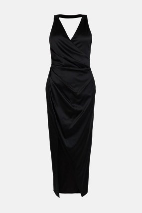 KAREN MILLEN Italian Structured Satin Halter Drape Dress / glamorous LBD / evening glamour / sleeveless draped occasion dresses