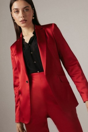 KAREN MILLEN Italian Structured Satin Single Button Blazer / womens red tailored jackets - flipped