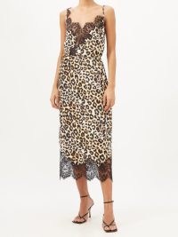 RAEY Watercolour leopard lace-trimmed silk slip dress | sheer trim cami dresses | skinny shoulder strap fashion | women’s glamorous animal print occasion clothing