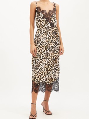 RAEY Watercolour leopard lace-trimmed silk slip dress | sheer trim cami dresses | skinny shoulder strap fashion | women’s glamorous animal print occasion clothing - flipped