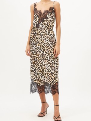 RAEY Watercolour leopard lace-trimmed silk slip dress | sheer trim cami dresses | skinny shoulder strap fashion | women’s glamorous animal print occasion clothing