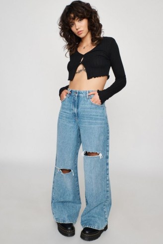 Garage Clothing Skater Wide Jean | womens relaxed fit ripped leg jeans | casual blue denim fashion - flipped