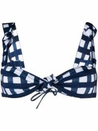 Jacquemus gingham check-print bikini top / navy blue and white checked bikini tops / knot detail swimwear