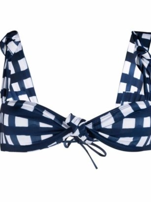 Jacquemus gingham check-print bikini top / navy blue and white checked bikini tops / knot detail swimwear - flipped