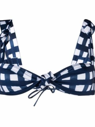 Jacquemus gingham check-print bikini top / navy blue and white checked bikini tops / knot detail swimwear