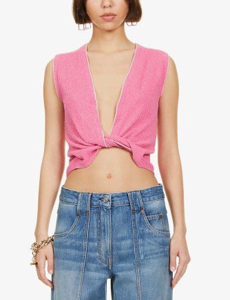 JACQUEMUS Le Haut Noué knotted cotton-blend knit top | pink sleeveless plunge front knitted tops - flipped