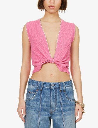 JACQUEMUS Le Haut Noué knotted cotton-blend knit top | pink sleeveless plunge front knitted tops