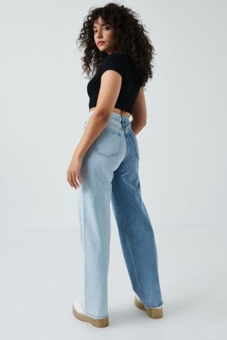 Garage Clothing Wide Leg Jean Blue Duo | tonal colour block jeans | colourblock denim fashion - flipped