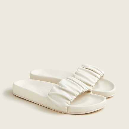 J.Crew Pacific scrunchie strap slides | women’s white leather molded footbed sliders | womens ruched sandals - flipped