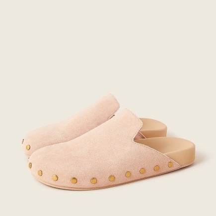 J.Crew Pacific studded clogs in suede | women’s pale pink clog sandals