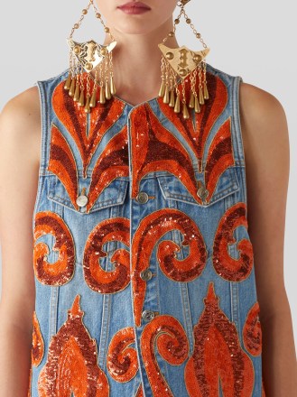 ETRO JEANS WAISTCOAT WITH ORNAMENTAL EMBROIDERY ~ orange sequins on women’s blue denim fashion ~ womens luxe casual clothing - flipped