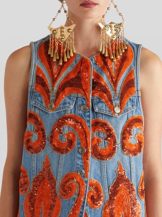 ETRO JEANS WAISTCOAT WITH ORNAMENTAL EMBROIDERY ~ orange sequins on women’s blue denim fashion ~ womens luxe casual clothing