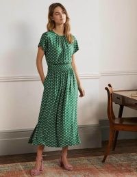Boden Jersey Midi Dress Highland Geo ~ green printed short sleeved flared hem dresses