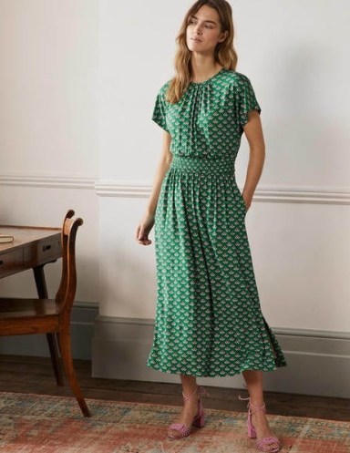 Boden Jersey Midi Dress Highland Geo ~ green printed short sleeved flared hem dresses - flipped