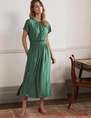 Boden Jersey Midi Dress Highland Geo ~ green printed short sleeved flared hem dresses