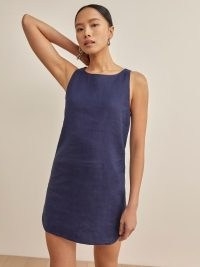 Reformation Jessi Linen Dress in Danube / blue sleeveless mini length shift dresses