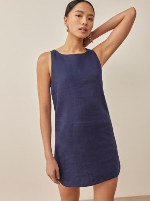 Reformation Jessi Linen Dress in Danube / blue sleeveless mini length shift dresses - flipped