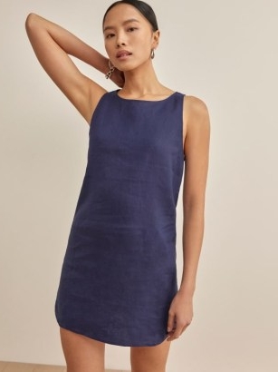 Reformation Jessi Linen Dress in Danube / blue sleeveless mini length shift dresses