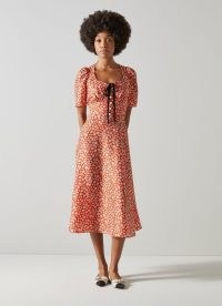 L.K. BENNETT JULIEN RED SILK DRESS / floral puff sleeve floaty hem dresses / vintage inspired fashion
